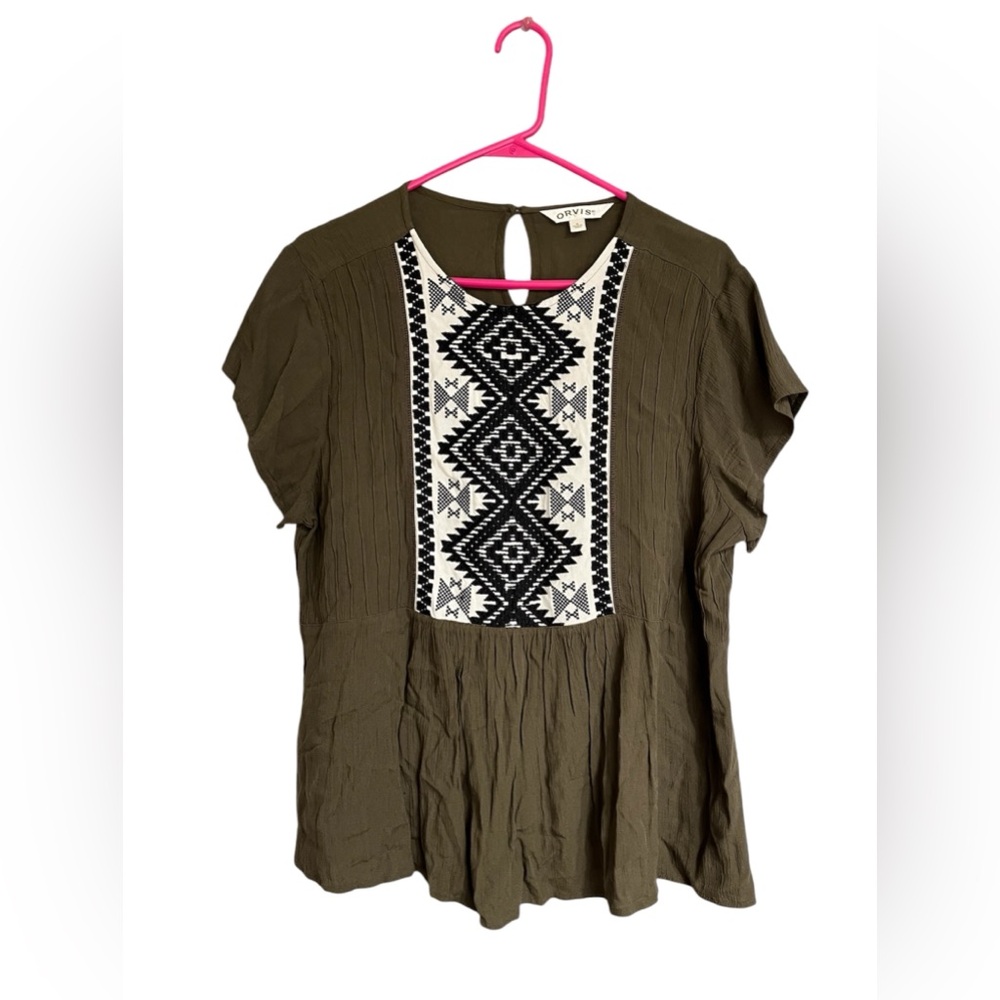 Orvis short-sleeve top, olive green with embroidery - womens medium